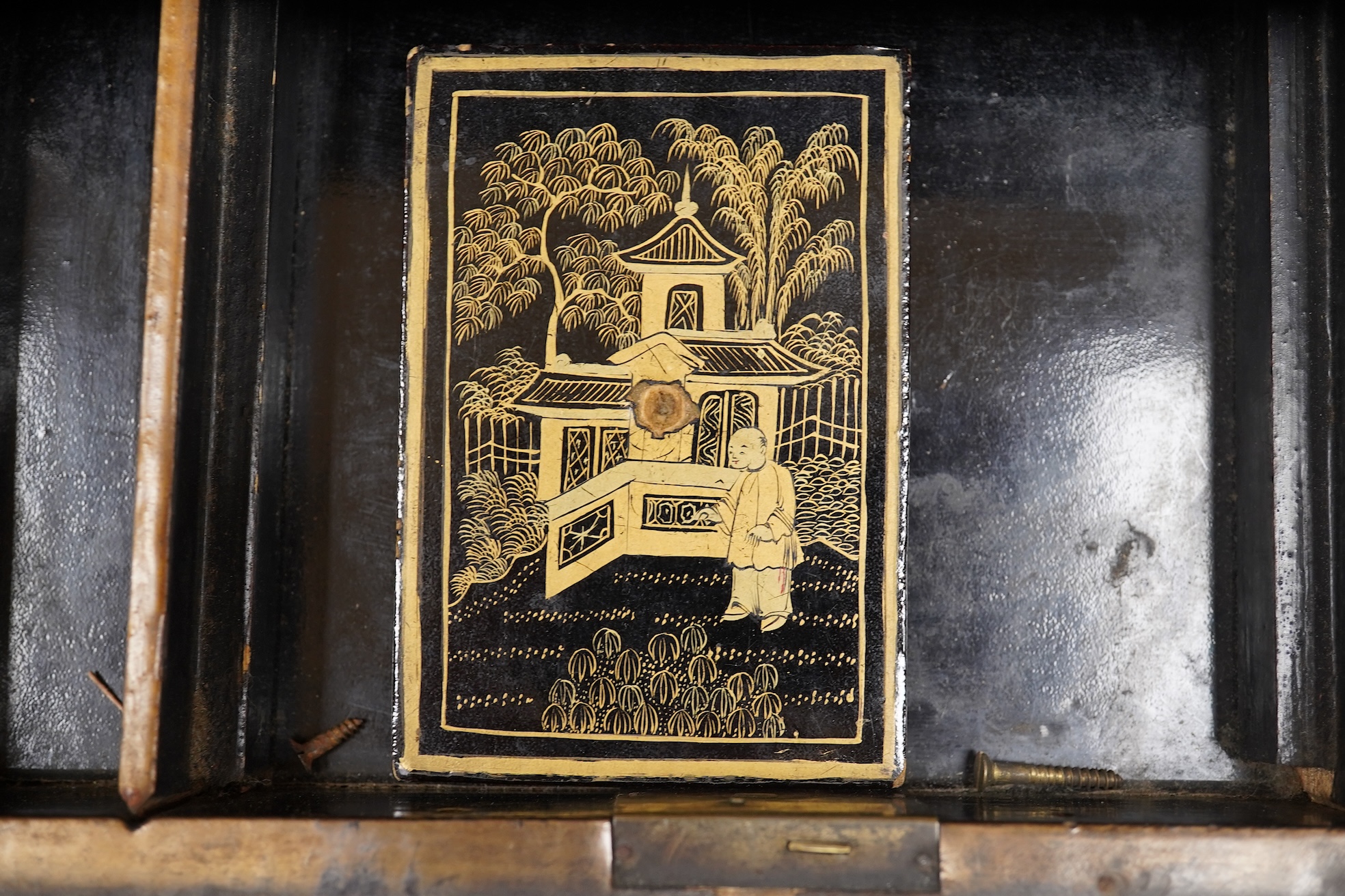 Two 19th century Chinese export lacquer boxes, to include a hexagonal example with front drawer and key, 36cm wide x 28cm deep x 16cm high